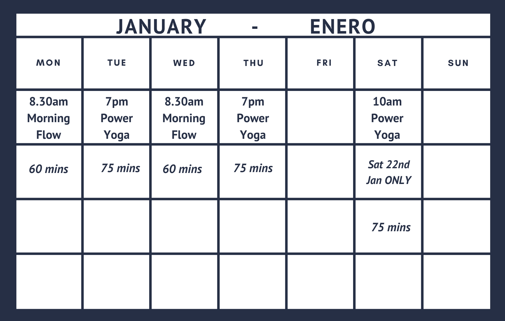 January Timetable Yoga in Fuengirola